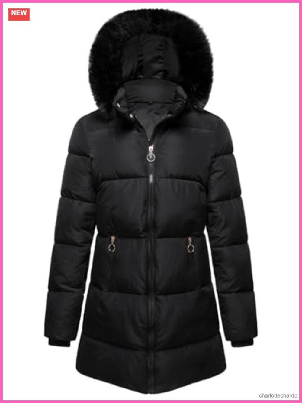 Women's Quilted Puffer Jacket Long Winter Coat Faux Fur Hood Zip Up